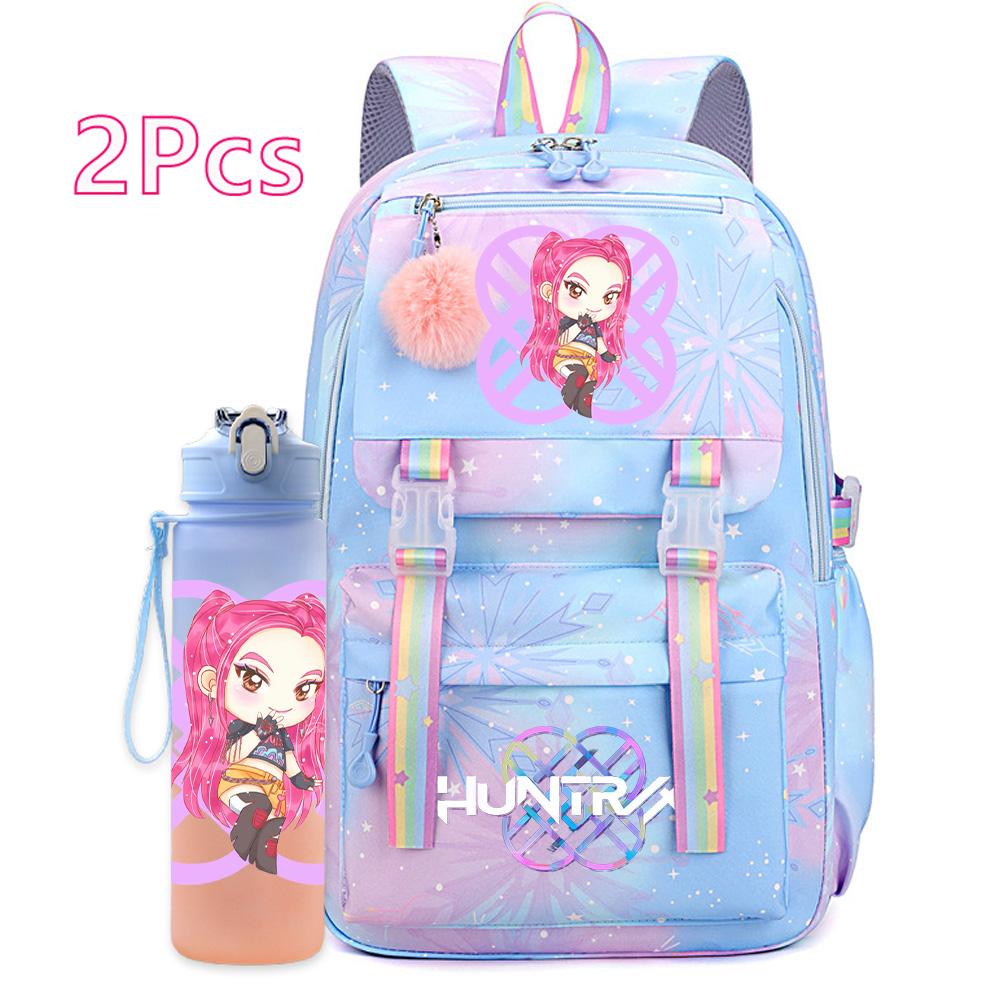 2Pcs/set Anime K-pop Printed Backpack with 750Ml Water Bottler Large Capacity Travel Bag for Teenager Girl Boy Bookbag Kid Gift Large Capacity Bag