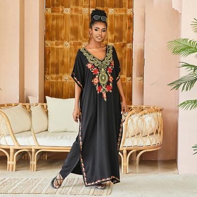 Black Vintage Embroidered Long Kaftan Casual V-neck Maxi Dress Summer Clothes Women Beach Wear Swim Suit Cover Up Q1490