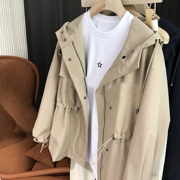 

High quality hooded trench coat drawstring women s short coat spring and autumn loose women s clothing black new S хакі