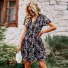 Chic Floral Print V Neck Short Sleeve Loose Dress Women Spring Autumn Fashion S-XL