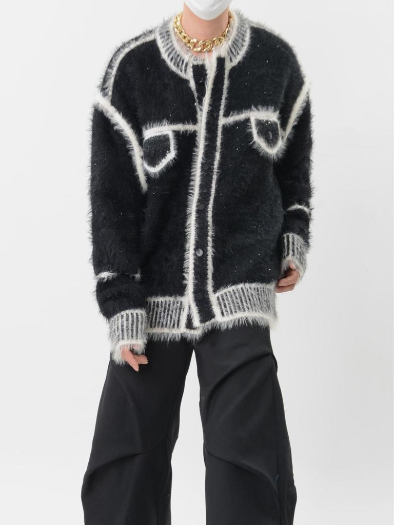 Unisex Color Block Knit Cardigan Jacket - Heavyweight Plush, Autumn/Winter Trendy Loose Fit