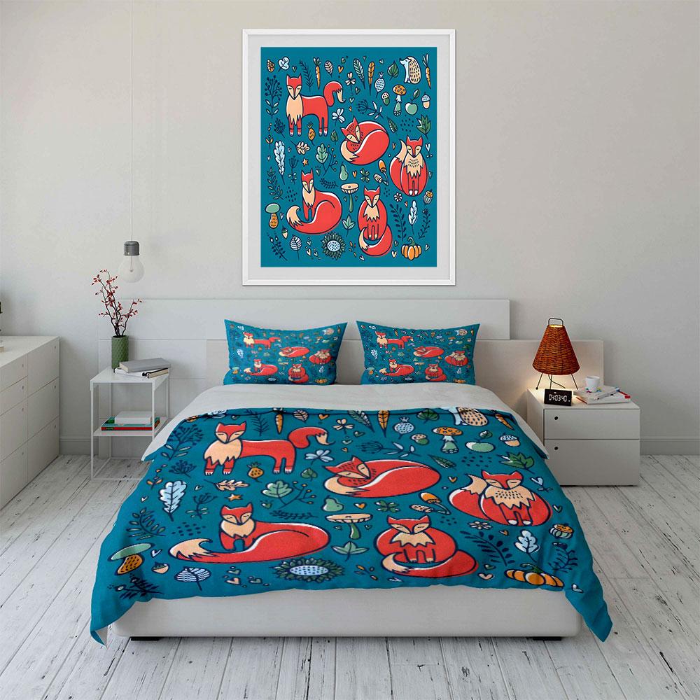 Foxes and nature illustrations. Print Bedding Set 1 Duvet Cover 2 Pillowcases for Adult and Children Luxury Gift Full Size