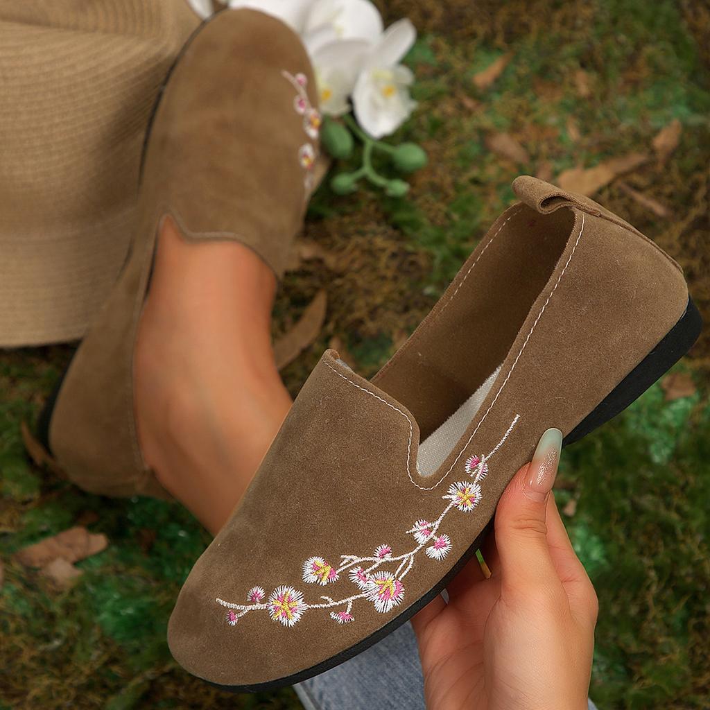 Women's Round Head Flat Embroidered Low Top Single Shoes Embroidery Shallow Four Seasons Lazy Peas Shoes