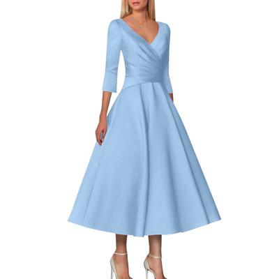 Women's Summer V-neck Temperament Mid-sleeve Solid Colour Simple Swing Waist Dresses
