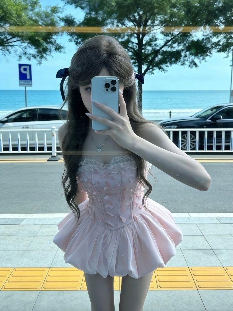 Niche Romantic Sweet Bud Skirt Women's Summer New Beautiful Three-dimensional Small Butterfly Waist Dress Princess Dress