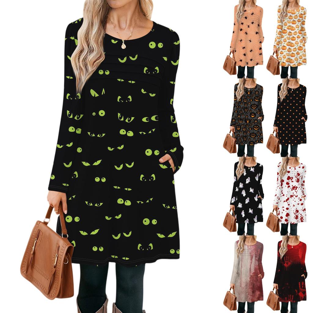 Damen Langarmkleid Herbst Freizeit T-Shirt Lockere Passform Plissiertes Vorderteil Kleider mit Taschen