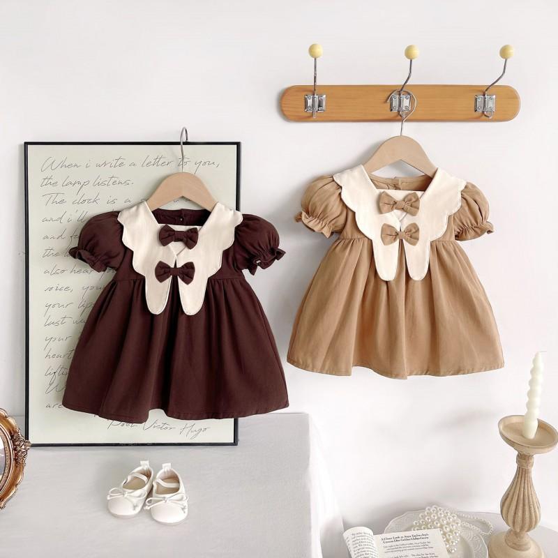 Baby Girls Cotton Dress Short Sleeve Solid Color Princess Style Toddler Casual Wear