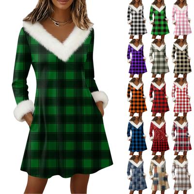 Womens Long Sleeve Pullover Dress Casual Knit V Neck Knee Length Dresses With Pockets