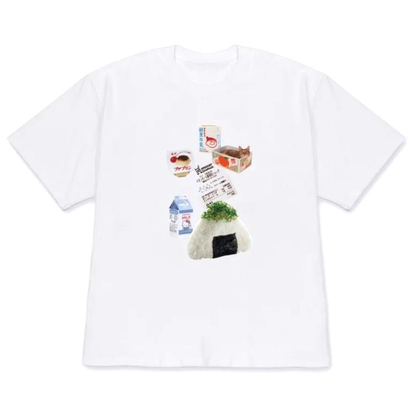 Cute T-Shirt Japanese Food Cat Collage Graphic Tops for Women Casual Short Sleeve Foodie Tee Y2k Versatile Korean Style Clothes