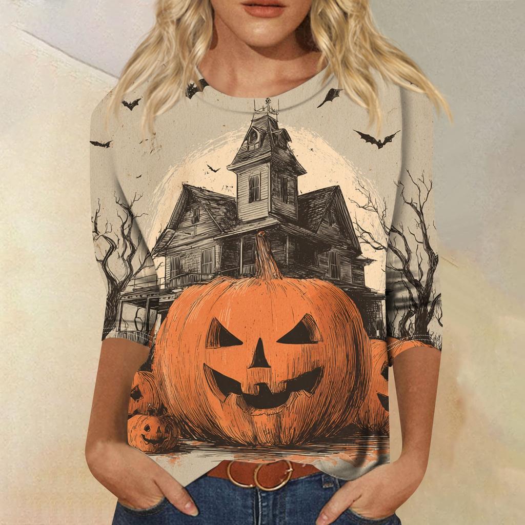 Damenmode Lässig Rundhals Dreiviertelarm Halloween Bedrucktes T-Shirt Top