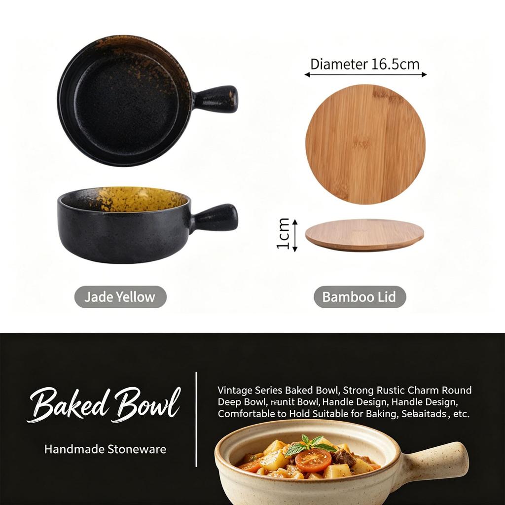 Ceramic Baking Bowl with Handle, Japanese Style Heat Resistant Deep Bowl Microwave Oven Safe Kitchen Food Bowl for Soup Salad Pasta Dessert Dinnerware