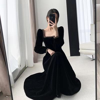 Square Collar French Gold Edge Velvet Dress Women's Autumn New Retro Hepburn Style Inner Black Evening Dress Long Dress
