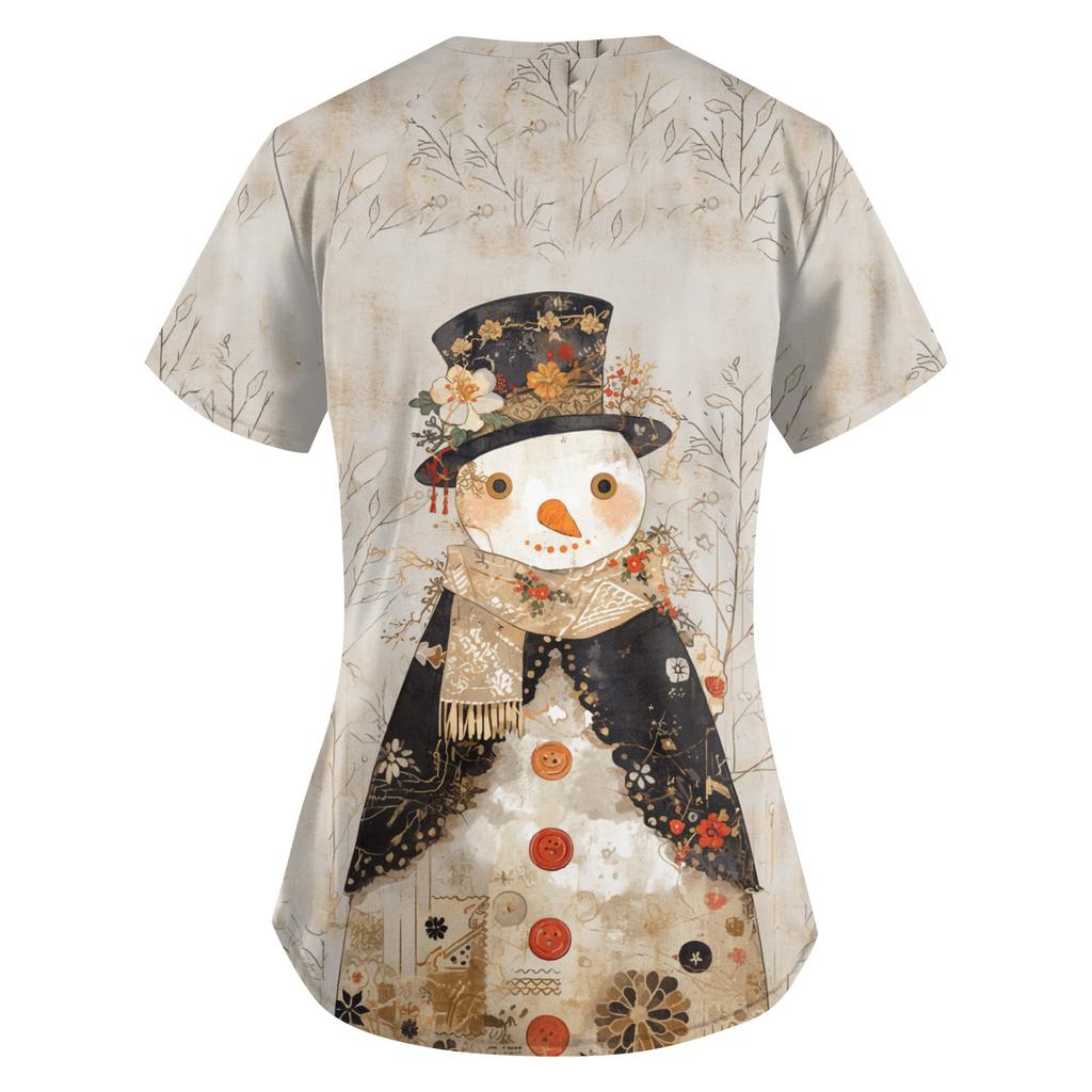 Women's Printing Uniform Work Uniform V-neck Pockets Basic Short Sleeve Pullover Top