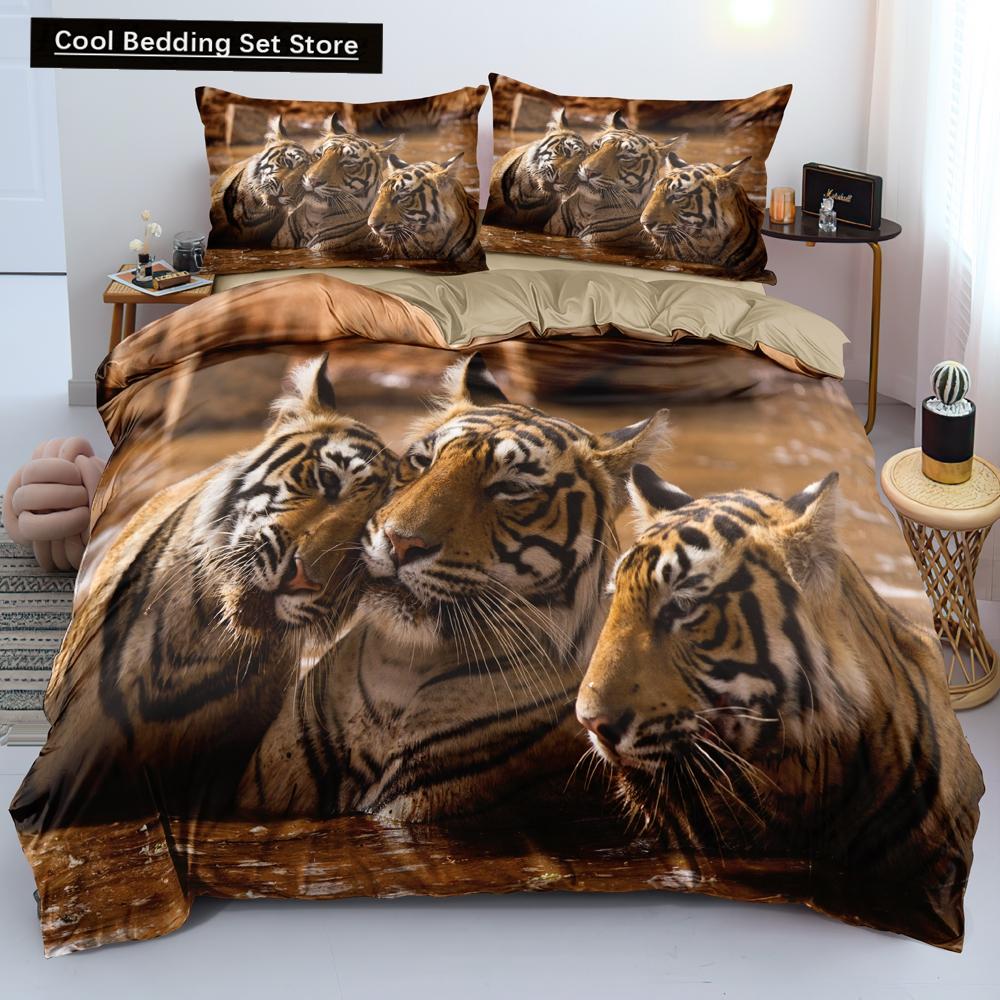 Comforter 3D Tiger Bedding Set King Queen Full Twin Size Brown Animal Jungle Wildlife Comforter Polyester