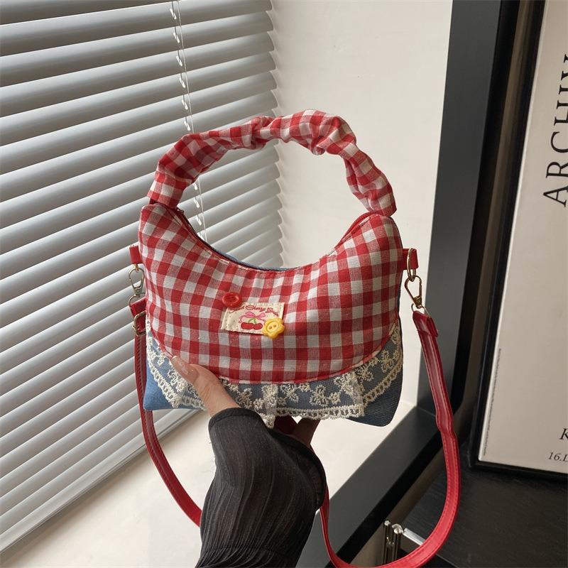 Broken Lace Cloud Bag Hand Bag New Summer Fresh Plaid Splicing Chain Messenger Bag Single Shoulder