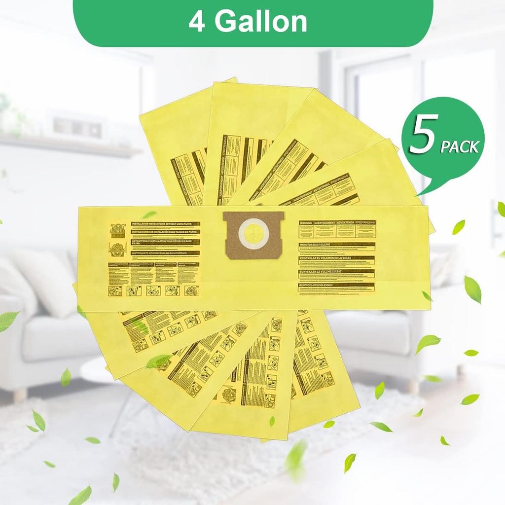 5 Pack 91964 Type D Vacuum Filter Bags Compatible with Shop-Vac 4 Gallon Vacuum, Replacement 9196400 9196433 High Efficiency Dust Collection Bag