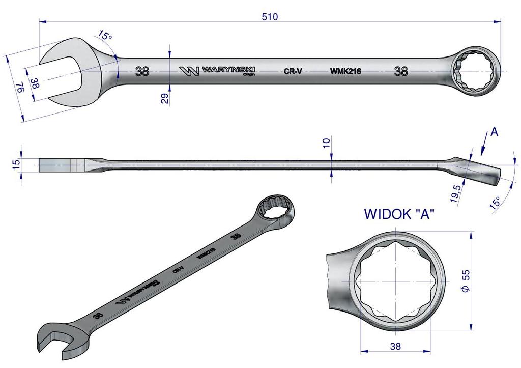 Extra Long Open-end Wrench 38mm Length 510mm ASME B107.9M Waryński Standard