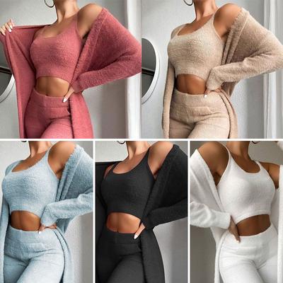 Ladies Teddy Lounge Wear Set Womens 3 Piece Tracksuits Fleece Pyjamas Cardigan