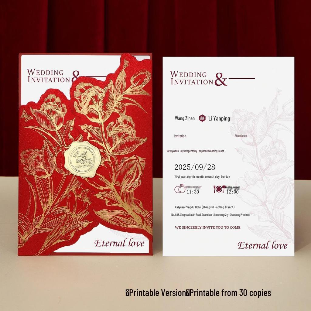 Hochzeitseinladung aus bordeauxrotem Samt mit Wachssiegel – Luxuriös und französisch inspiriert