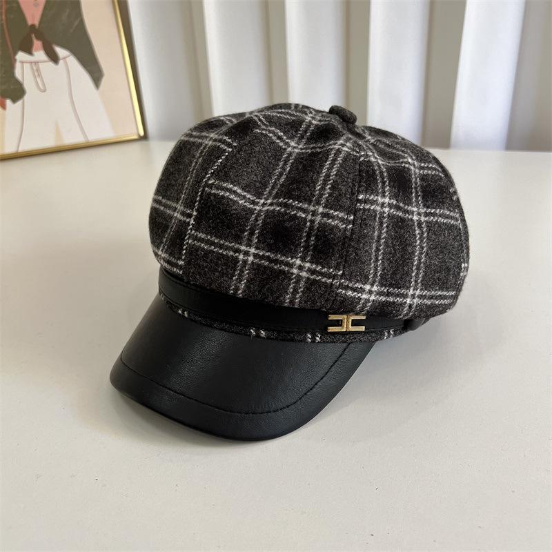 English Plaid Octagonal Hat Children Autumn and Winter Woolen Beret Literary Retro Versatile Face Small Newsboy Painter Hat