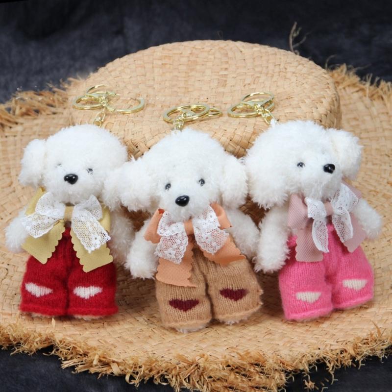 Cute Dog Keychain With Knitted Pants And Bowknot Stylish Keyrings Ornament For Women Girls Gift Accessories