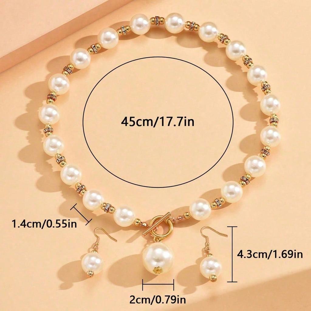 1pcs Light Luxury Gold Imitation Pearl Earring Necklace Set, High-end Clavicle Chain Fashionable Women's Style