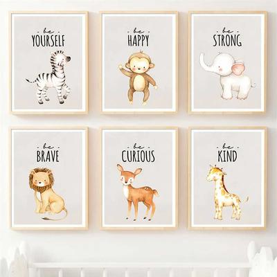 Impressão nórdica Kawaii Animal Leão Zebra Pôster Motivacional Citações de berçário Pintura Arte de parede Imagem Mural Decoração de quarto de bebê e criança
