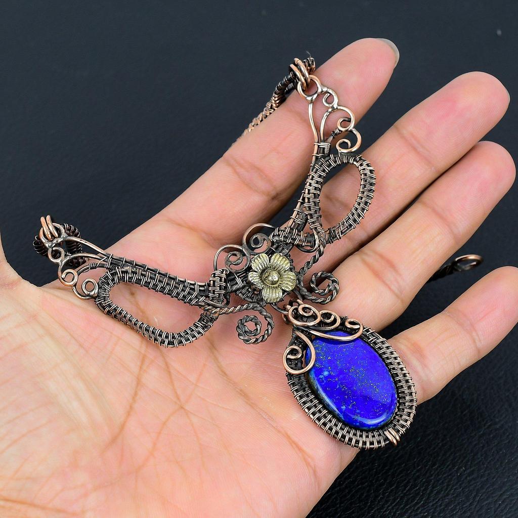 Lapis Lazuli Necklace Handmade Jewelry, 999 Copper Wire Wrapped Necklace Designer Gemstone Jewelry Adjustable Chain Necklace Gift For Mom
