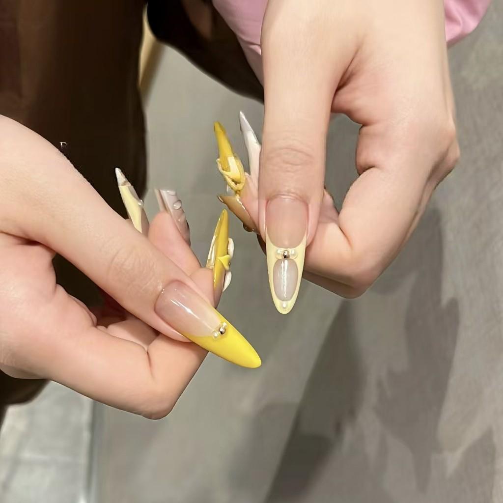 Hand-Painted 3D Ice Flower Yellow French Style Wearable Nails