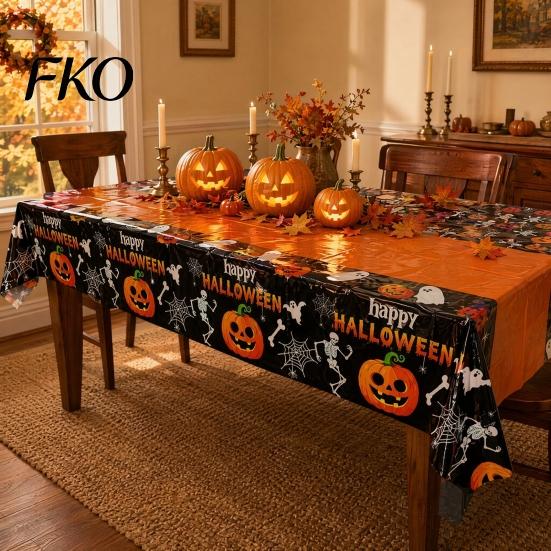 Spooky Tablecloth Happy Halloween Disposable Tablecloth, Pumpkin Ghost Skeleton Waterproof Table Cover for Kitchen Dining Room, Party Supplies