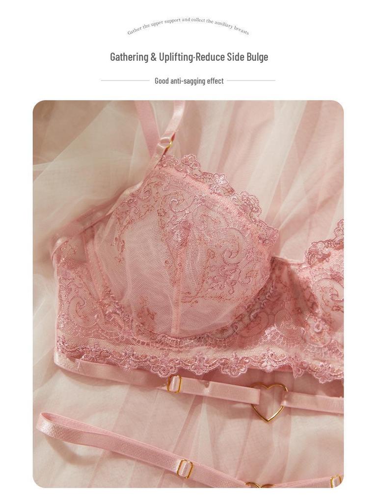 French Pink Sexy Lace Push-Up Lingerie Set for Women - Ultra-Thin, Comfortable, Semi-Transparent Mesh
