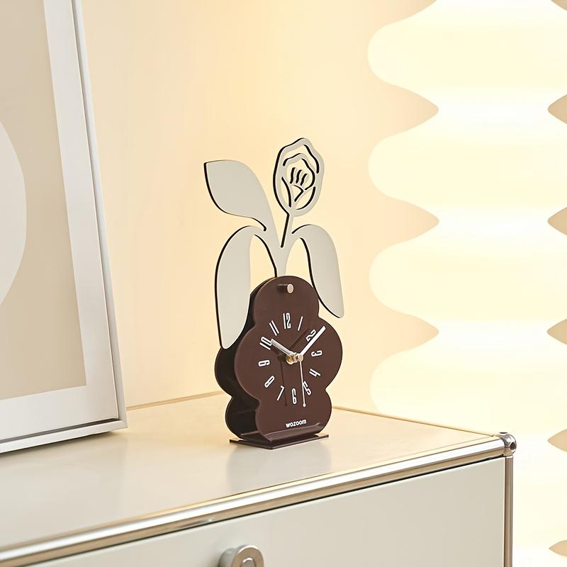 Floral Desktop Clock , Silent Non Ticking Battery Operated, Artificial Wood with Deep Brown Base , White Floral Design, Irregular Shape for Bedroom