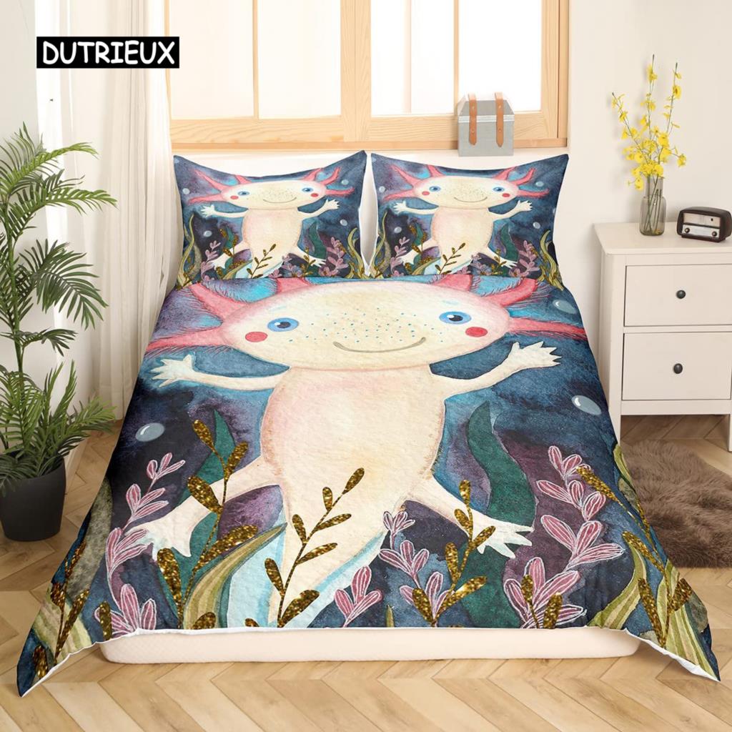 Axolotl-Tier, süßer Haustier-Bettbezug, Kissenbezug, 3-teiliges Bettdecken-Set mit Kissenbezug, Einzel- und Doppel-Bettbezug