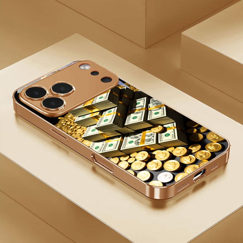 Money Stacks Art Electroplated Golden Phone Case For iPhone 17Air 17 16 15 14 13 12 11 Pro Max Plus 16E XR 7 8 Xs X Glass Cover
