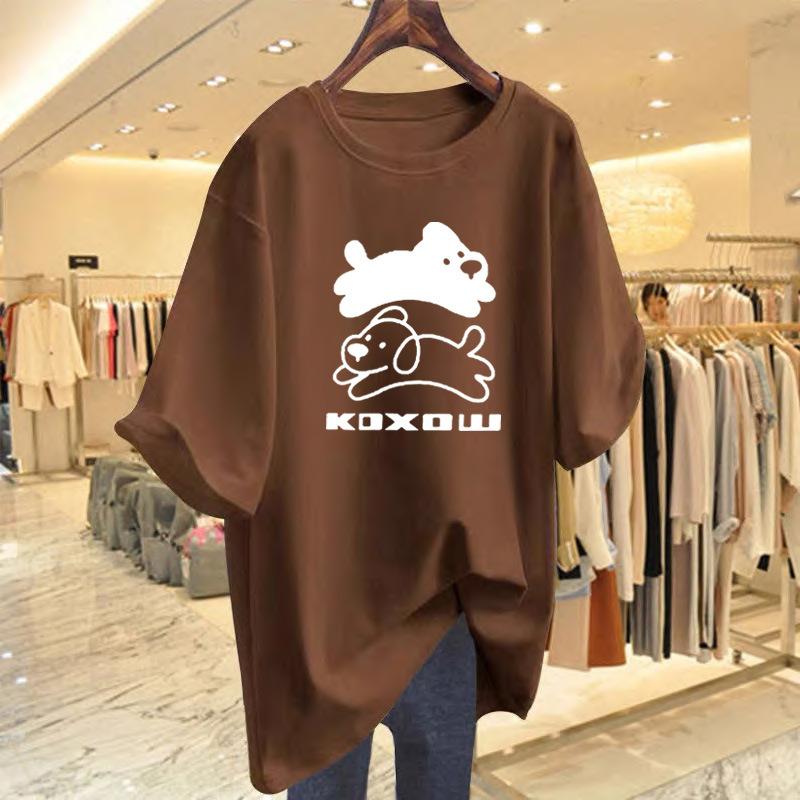 White Cartoon Printed Loose Cotton Short-sleeved T-shirt Women's Summer New Medium and Long Top