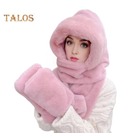 

Женская зимняя шапка со встроенным шарфом и перчатками, толстая теплая, из искусственного меха, однотонная, полная защита, для езды на велосипеде, путешествий, холодной погоды