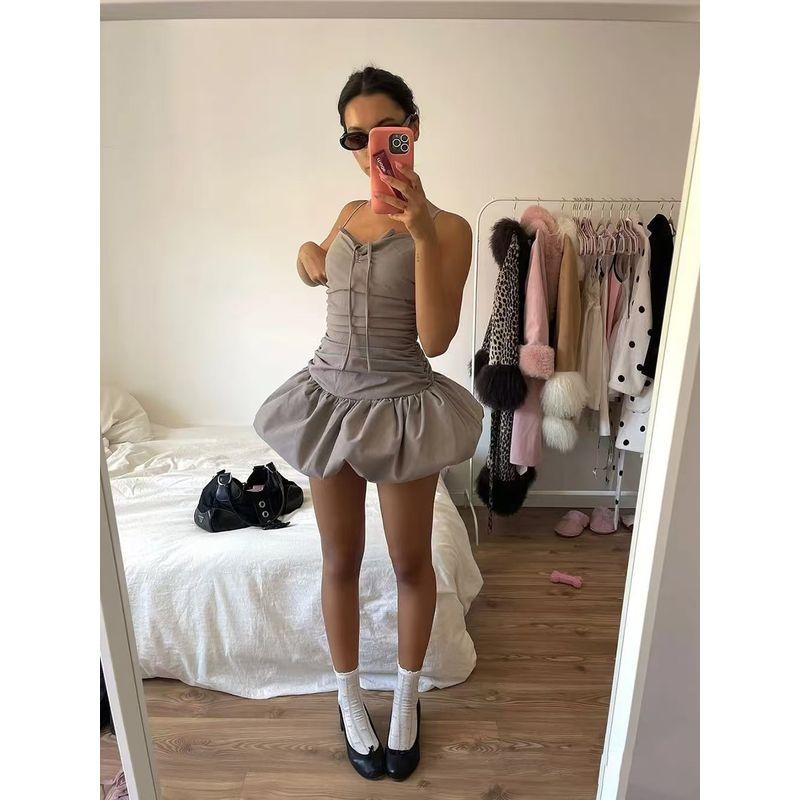 For Love Beer Girl Same Style American Sweetheart Gyaru Pleat Slim fit Slimming Flower Bud Short dress Sling Dress