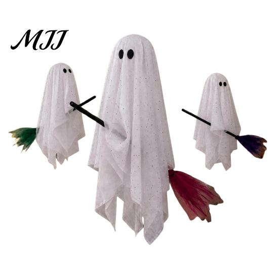 Indoor Outdoor Party Props 3 Pcs Halloween Hanging Ghosts on Brooms, Spooky Flying Gauze Ghost Cute for Trees with Broomstick Tree, Porch, Yard,