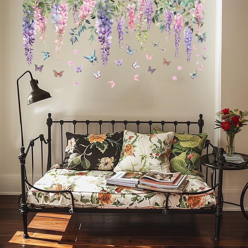 Blume Schmetterling Wandaufkleber Handbemalter Zweig Aufkleber für Schlafzimmer Wohnzimmer Flur Heim Wanddeko