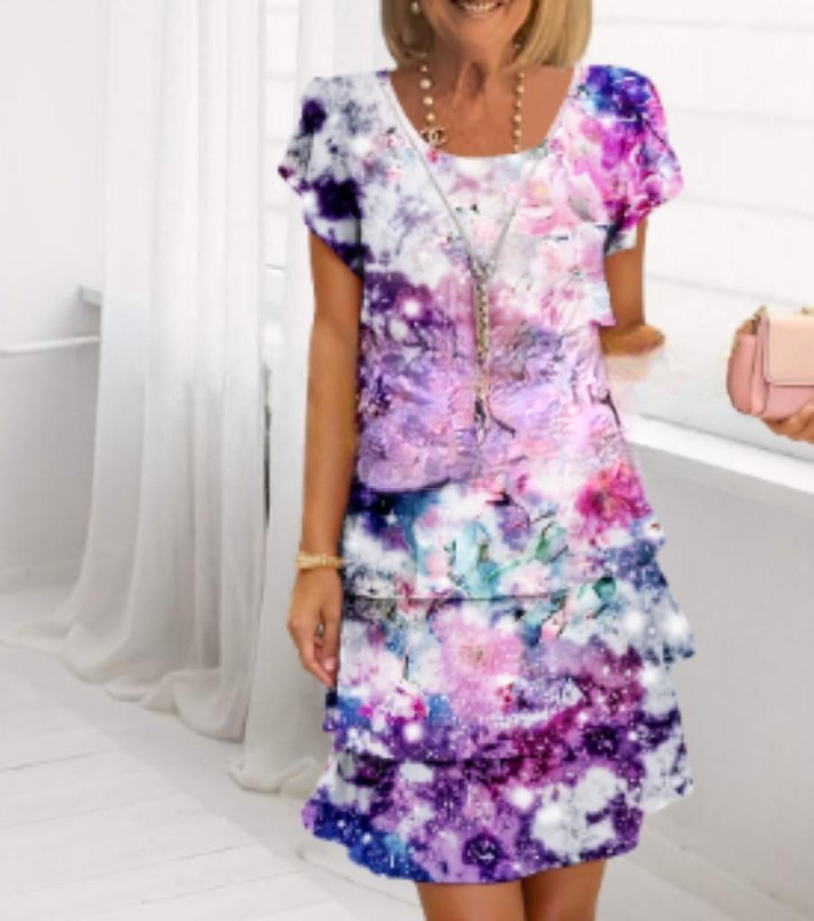 2025 European & American 3D Print Short Sleeve Round Neck Cake Dress for Spring/Summer