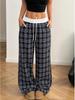 Retro Karo Bodenlange Weitbeinige Hose: Elastischer Bund, Vielseitig, Bequem, Gerades Bein, Lässiger Stil