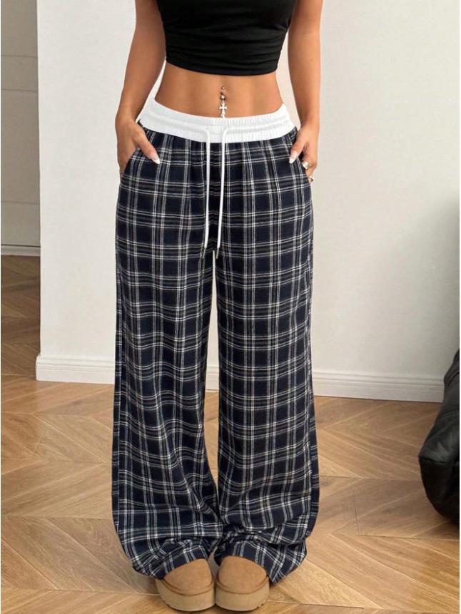 

Retro Plaid Floor-Length Wide-Leg Pants: Elastic Waist, Versatile, Comfortable, Straight-Leg Casual Style 3XL синій/білий