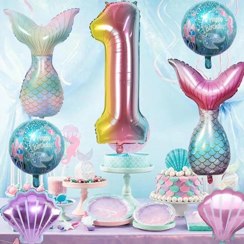 Meerjungfrauen-Mottoparty-Dekorationen Helium-Folienballons Schwanzdesigns Regenbogen-Zahlen Muschel-Akzente für Kindergeburtstag Babyparty