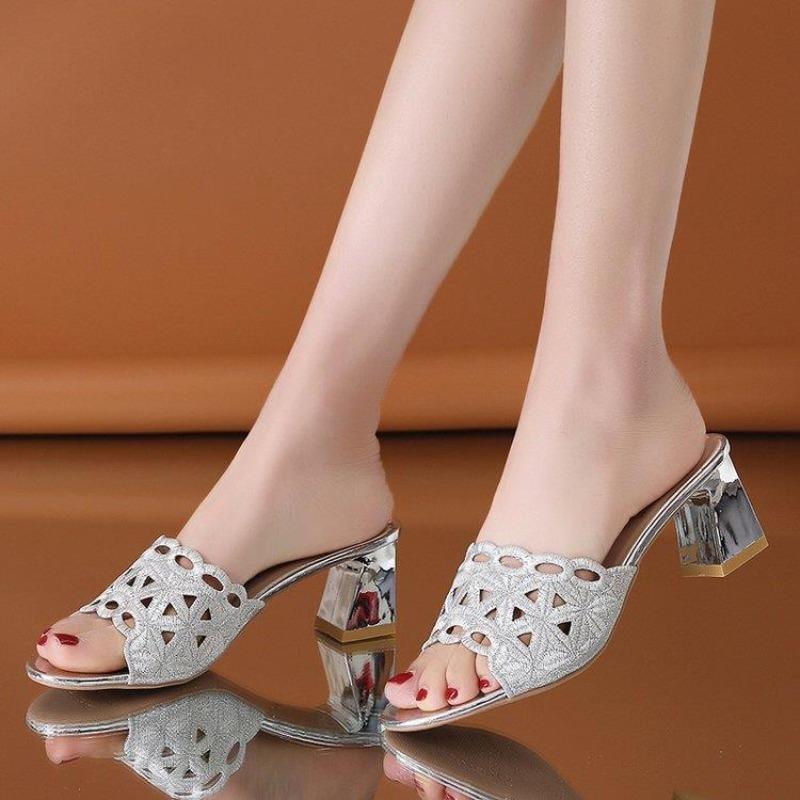 Embroidered Heeled Sandals Outside Slides Pvc 2025 Trend Slip-resistant Shoes for Women Elegant and Fashionable Woman Slippers