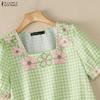 ZANZEA Women Casual Square Collar Loose Summer Short Sleeve Plaid Print Blouse