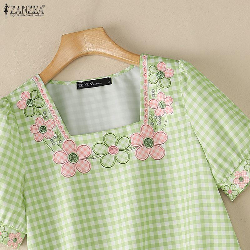 ZANZEA Women Casual Square Collar Loose Summer Short Sleeve Plaid Print Blouse