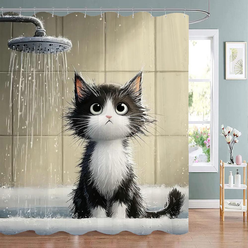 1 Piece Cute Cartoon Bathing Cat Shower Curtain, Bathroom Decorative Shower Curtain, Waterproof Shower Curtain With Hooks W60H190(CM)-1 Pcs