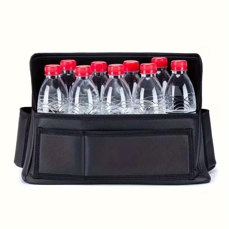 One Durable PU Leather Car Seat Storage Bag With Cup Holder, Side Pockets And Front Storage Compartment.