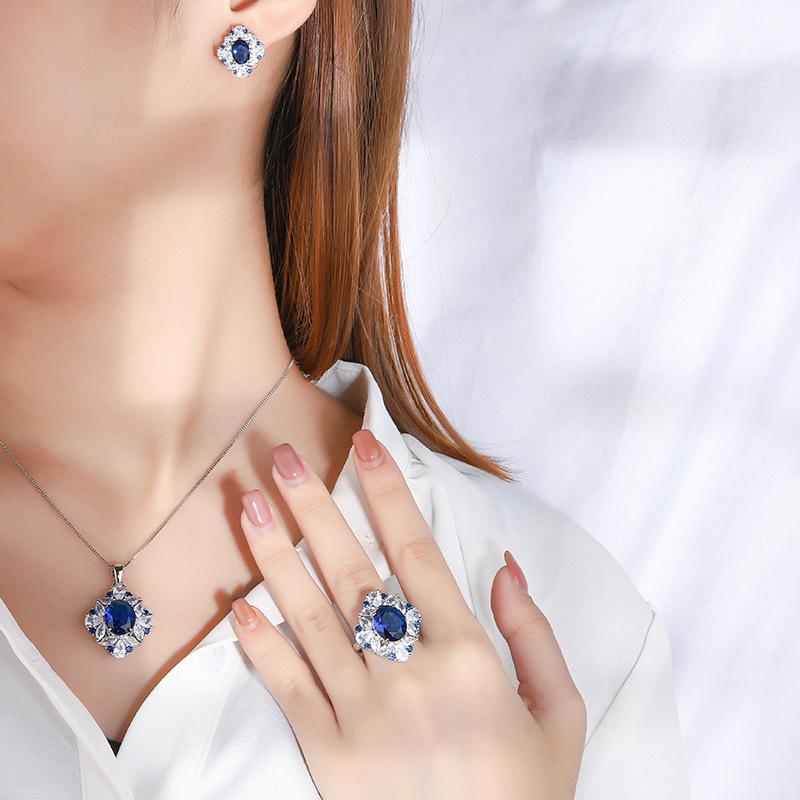Jewelry Popular Ring Simulation Blue Glass Denier Pendant Ring 10 * 12 Stud Earrings 6 * 8 Set