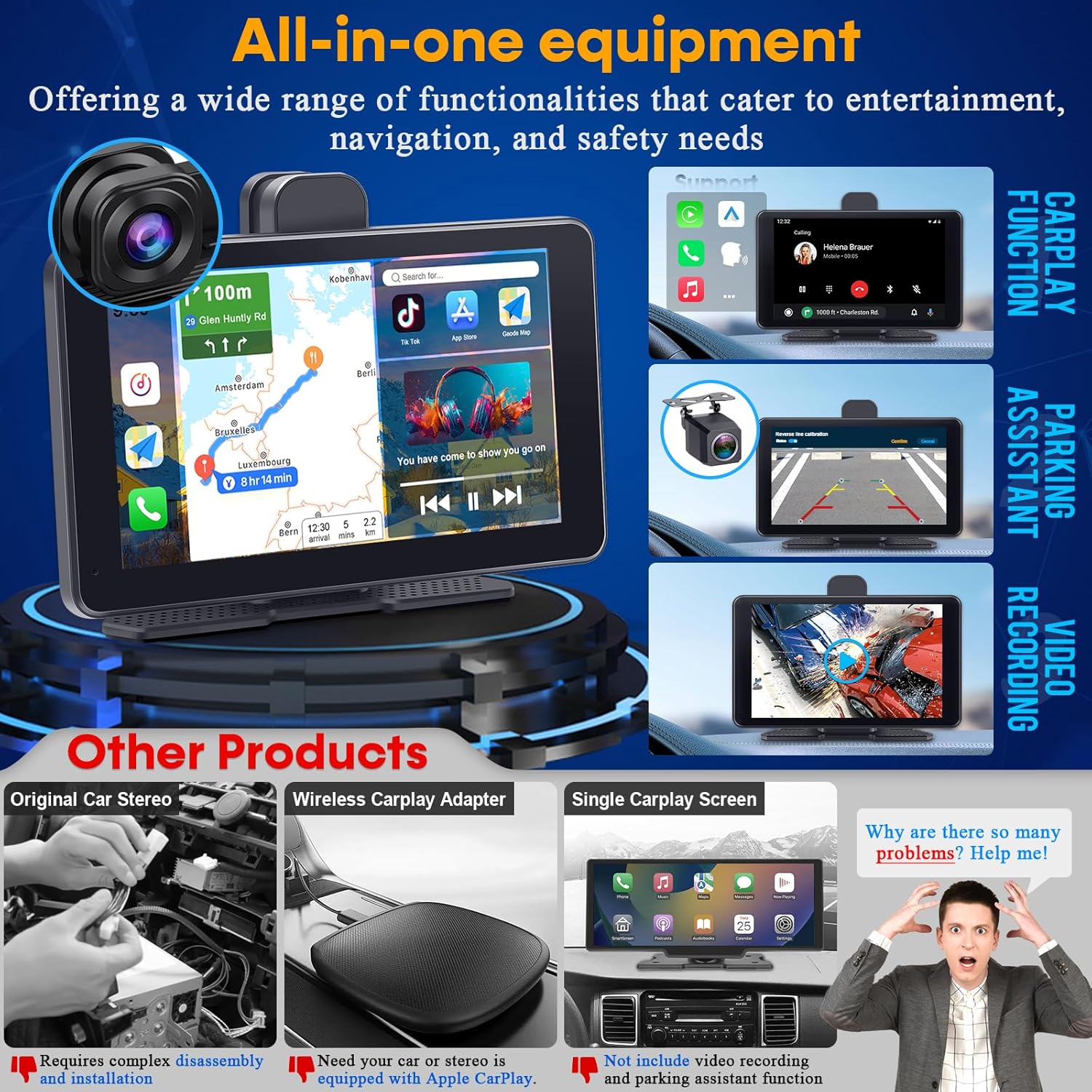 

7-inch CarPlay Screen with 2.5K Cam & 1080p Backup - Plug-and-Play, Android Auto, GPS, Bluetooth, Siri United States